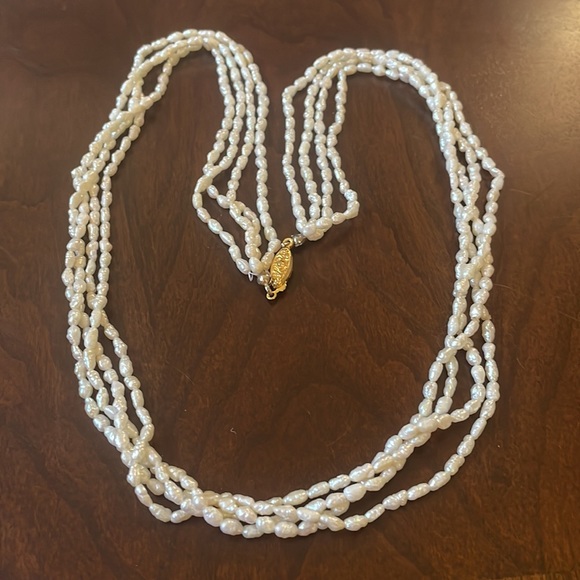 Genuine white rice Pearl four strand necklace gold color clasp - Picture 7 of 7